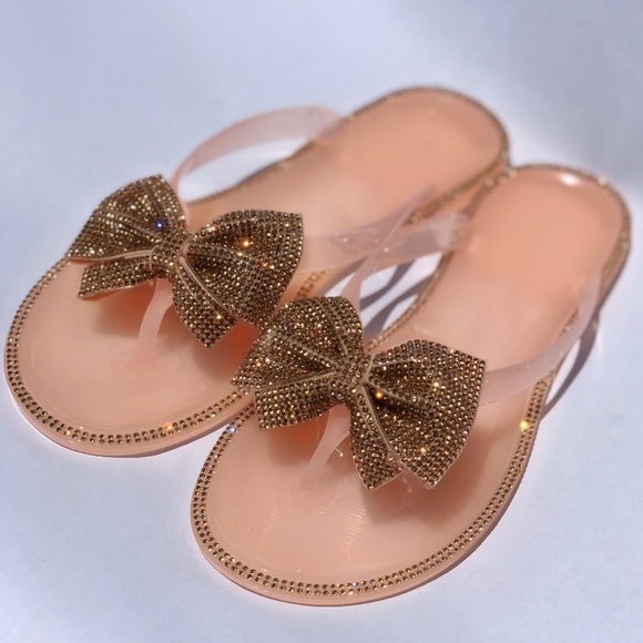 Nude Jelly Rhinestone Bow Thong Sandals - Picture 2 of 7